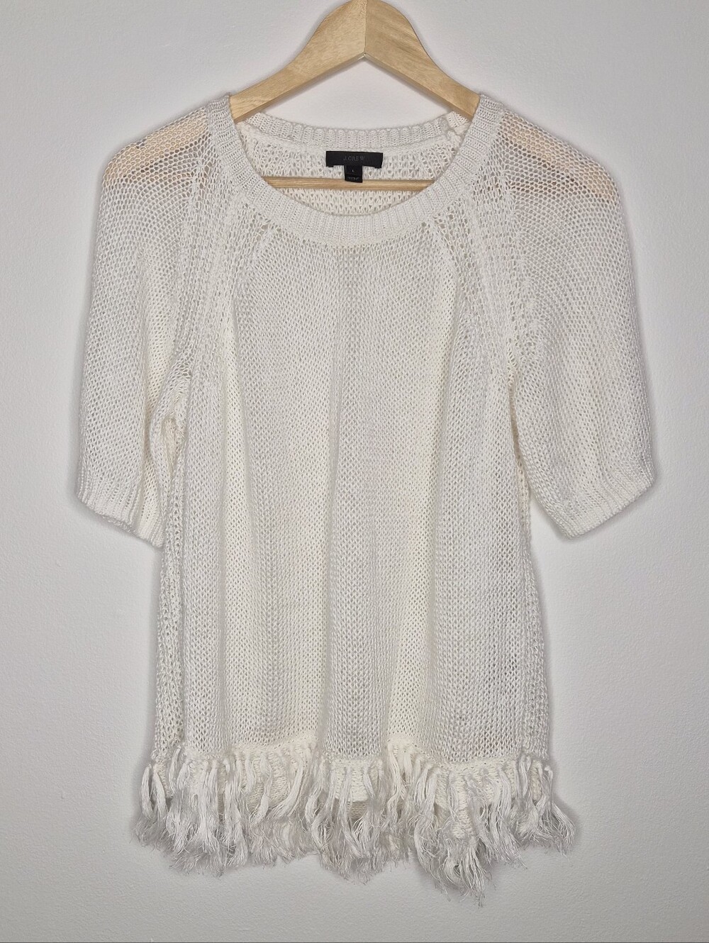 J.Crew 100% Linen Open Knit Short Sleeve Fringed Hem Top Sweater White L